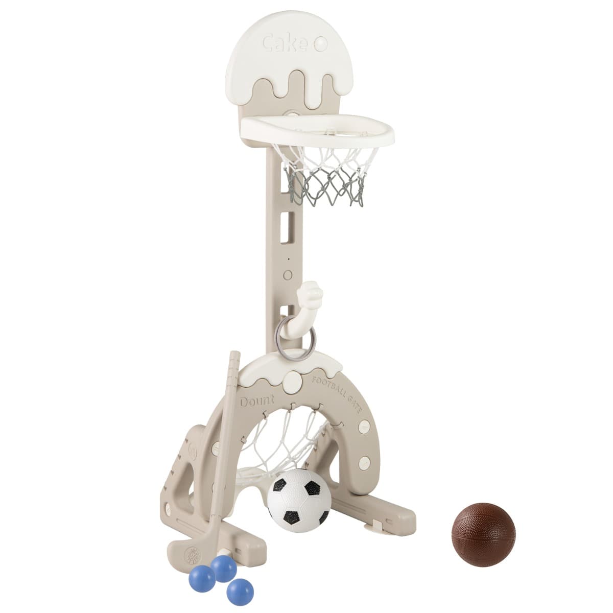 CostwayCentre d’Activités 4 en 1 pour Enfants de 3-10 Ans avec Panier de Basket-Ball But de Football Golf Lancer d'Anneaux Réglable en Hauteur Gris