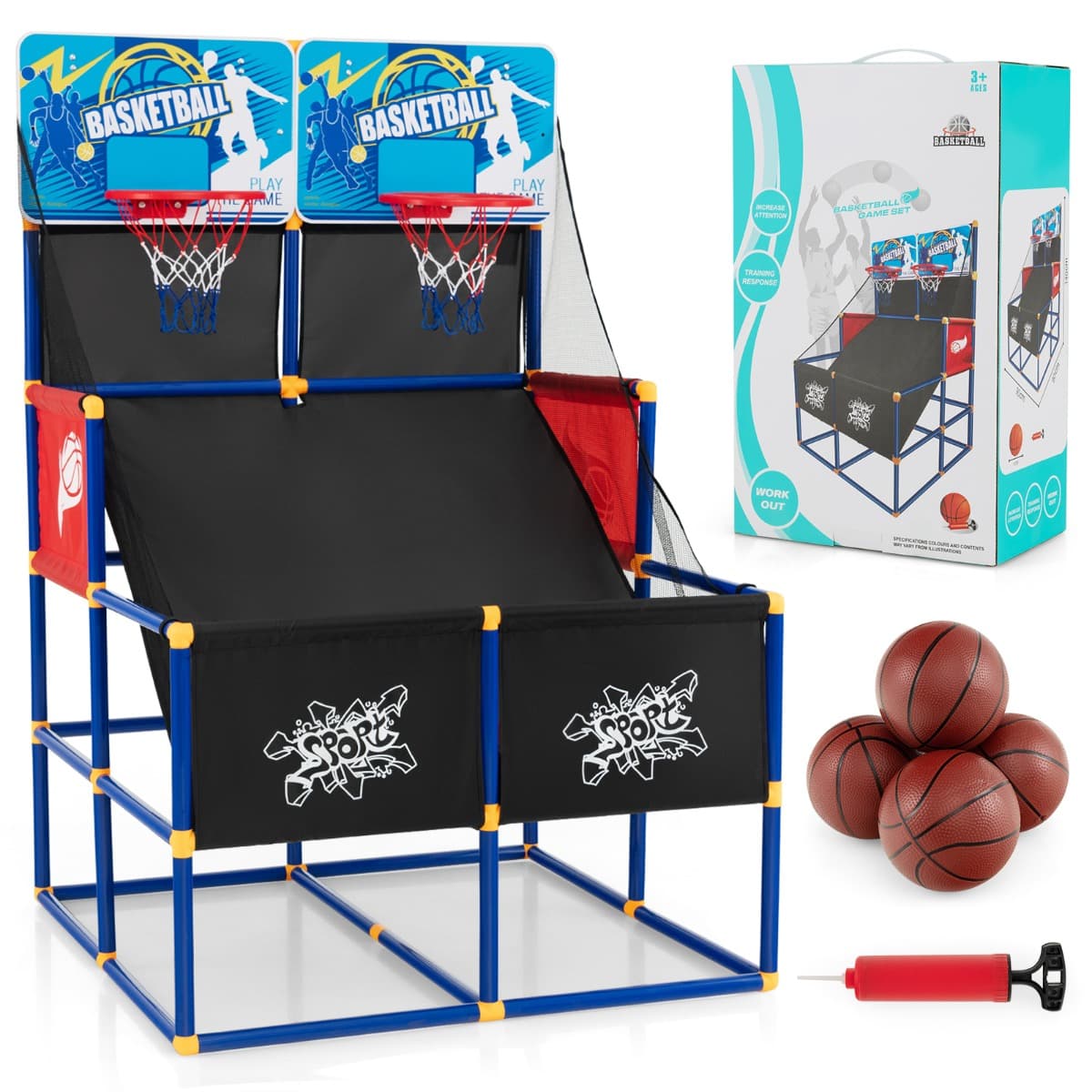 CostwayJeux de Basketball Arcade à double tirs enfants avec 4 balls et 2 Paniers Panier de Basketball double Intérieur et Extérieur pour enfants de 3