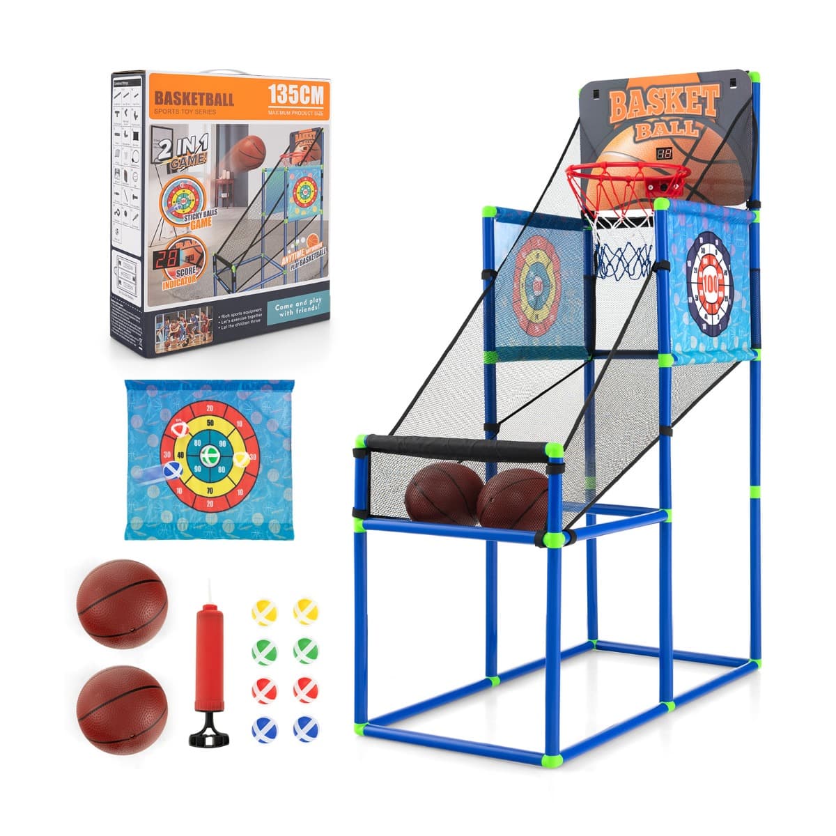 CostwayPanier de Basketball 2 en 1 avec 2 Cibles en Tissu à Balles Adhésive Jeu d'Arcade Système de Pointage et Effet Sonore 2 Ballons de Basket pour